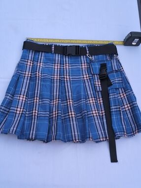 Blue Plaid Pleated Mini Skirt with Black Utility Strap - Unbranded